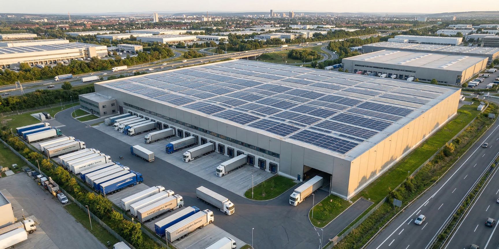 Aerial view of a modern, sustainable logistics center with truck ramps and PV system. Contract logistics at the interface to the supply chain. ESG criteria.